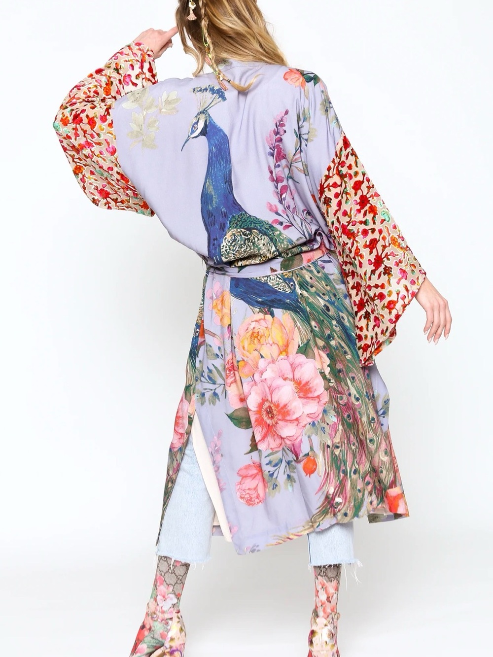 Aratta Lavender Floral Peacock Print  Fantasy Kimono #cottagecore #boho